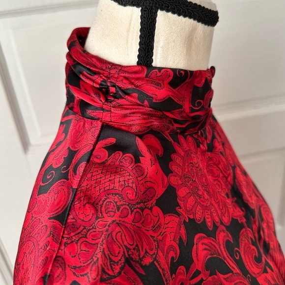 Jennifer Moore Vintage Red Black Baroque Floral Satin Blouse Mock Neck Gothic - Picture 9 of 17